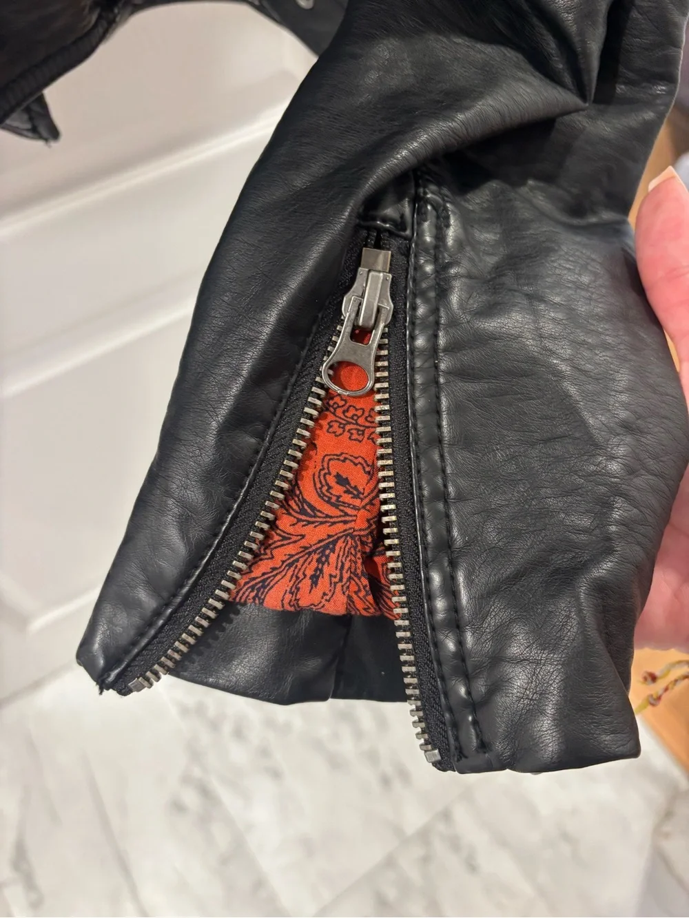 Free People Vegan Leather Black Classic Moto Jacket Red Paisley Lining Bikercore